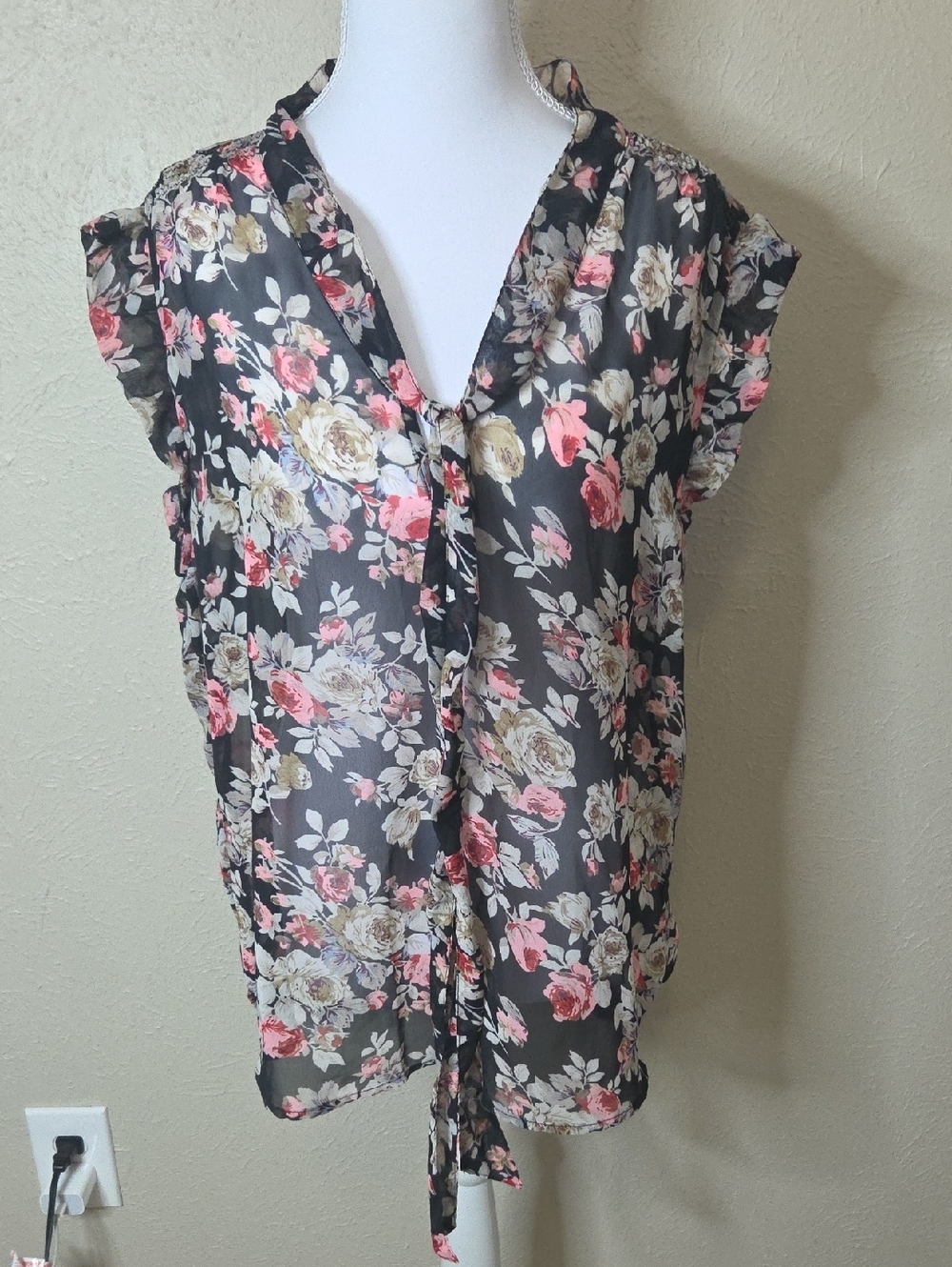 Sheer Floral Tie-Front Blouse - Black with Pink & Cream Flowers